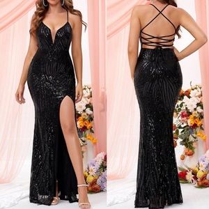 Luxe case up back split thigh party prom wedding sequins dress